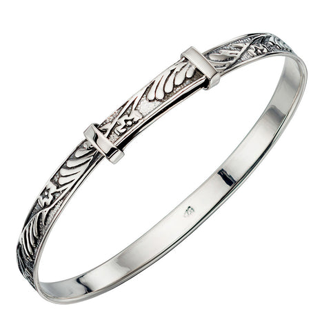 Sterling Silver Floral Pattern Christening Bangle - Small