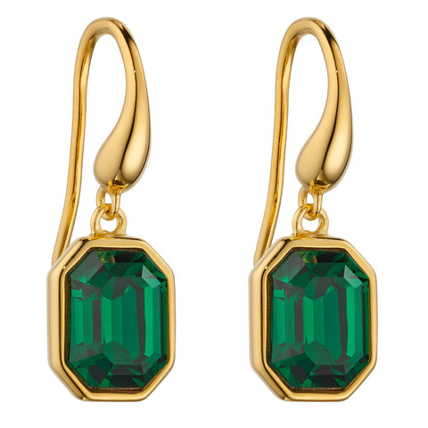 Octagon Emerald Green Crystal Earrings - Gold Plate